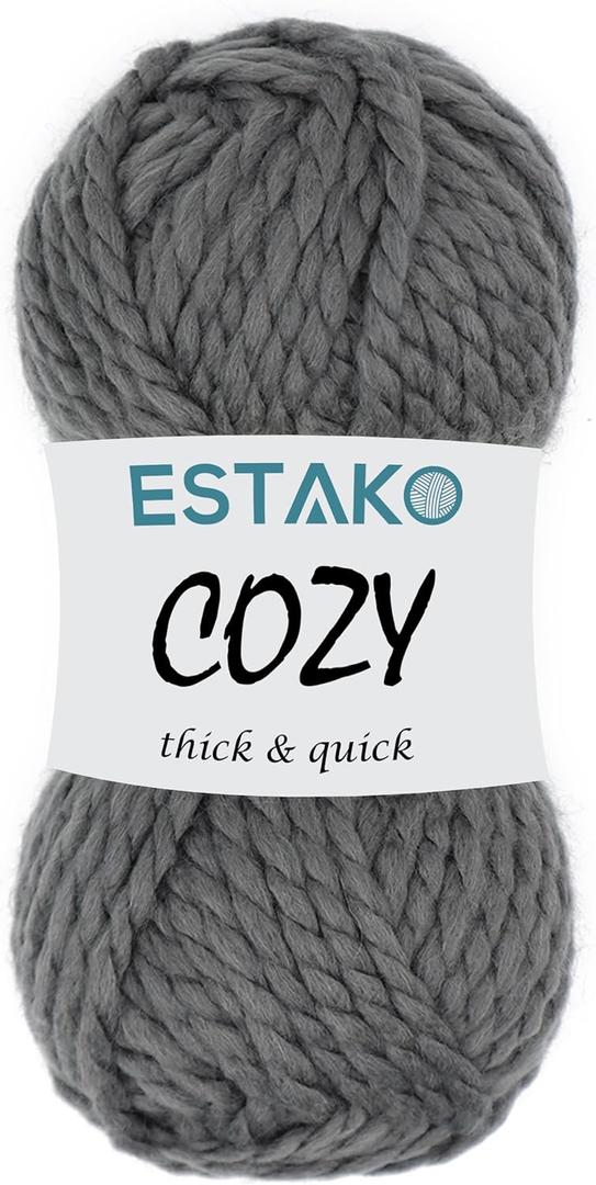 Estako Cozy Thick & Quick Yarn 20% Wool 80% Acrylic Soft Super Bulky Weight #6 Knitting and Crocheting Yarn 3.52 oz (100gr) 65 yds (60 m) (59054-Dark Grey)