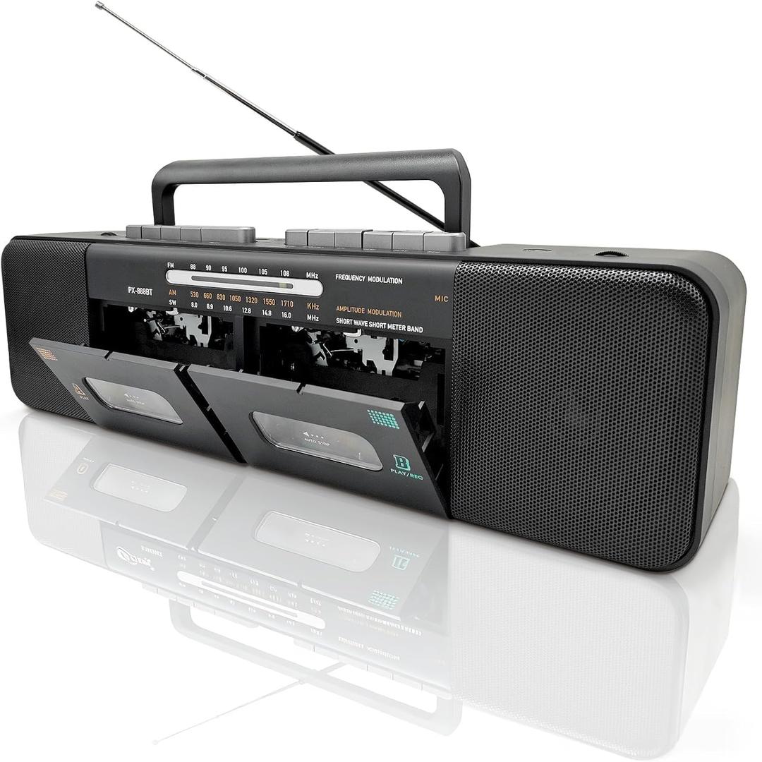 Retro Boombox with Dual Cassette Player, 7200mAh Battery, Bluetooth & 4-Band Radio (AM/FM/SW) Convert Tape to MP3 via USB, Tape Recorder & Headphone Jack for Home & Outdoor