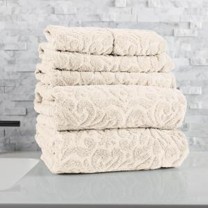 6PC Jacquard Towel Set - 500GSM 100% Cotton Bathroom Accessories - 2 Bath Sheets, 2 Hand Towels and 2 Wash Cloths - Soft and Absorbent Bathroom Set for Shower, Gym, Dorm and Spa by Lavish Home (Cream)