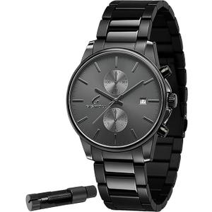 Stylish Stainless Steel Chronograph Watches for Men with a Hefty, SolidBuild Feel — Waterproof Quartz Mens Watches with Auto Date & Second Subdials, Valentines Day Gifts for Him, Boyfriend, Husband, Dad (Black, Stainless Steel)