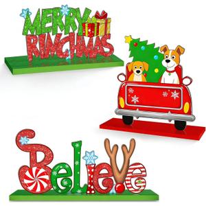 3pcs Christmas Table Signs Decorations, Xmas Dog Centerpieces Decorative Wooden Signs, Christmas Party Table Decorations Truck Ornament for Holiday Xmas Tiered Tray Set for Xmas Holiday Winter Parties Indoor Home