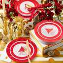 Rubtlamp 125Pcs Christmas Plastic Plates, Plastic Red Plates with Snow Christmas Tree, christmas Dinnerware Disposable Include 25 Party Red Dinner Platos,25 Fancy Salad plate,75 Gold Cutlery
