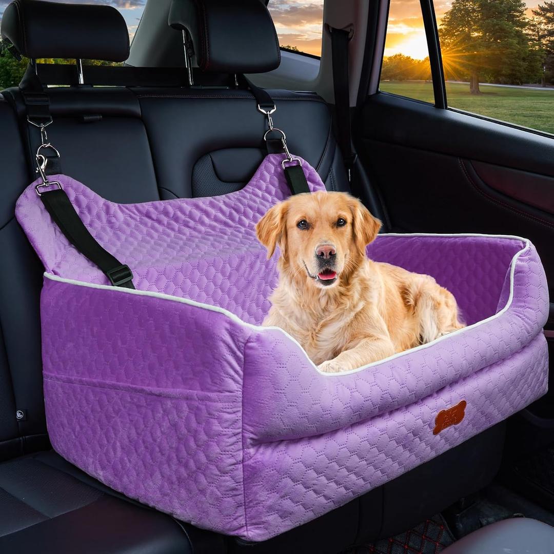 Dog Car Seat for Large/Medium Dogs - Memory Foam Dog Booster Seat for Under 55Lbs or 2 Small Dogs-Detachable and Washable Travel Bed with Thick Cushion and Storage Pockets - Purple