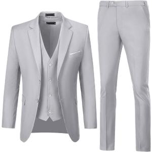Men Suits 3 Pieces Set Slim Fit Wedding Suit Groomsmen Prom Suit Tuxedo Business Formal Casual Groom Suit Jacket Blazer Pants (X-Large, Grey)