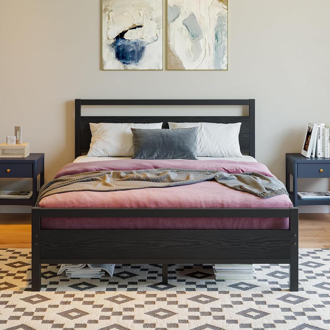 BOFENG Full Size Bed Frame with Wood Headboard,Heavy Duty Platform Bed Frame Full with Storage No Box Spring Needed,Reinforced Steel Slats Support,Mattress Foundation,Black