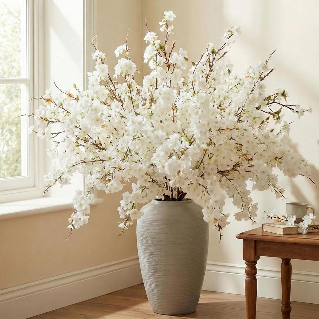 Giegxin 18 Pcs Artificial Cherry Blossom, 41" Faux Cherry Branches Spring Decor Indoor Silk Fake Flowers Long Stems for Tall Vase Table Home Wedding Business Spaces Decor(White)