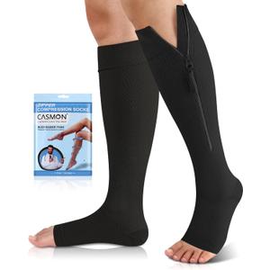 CASMON 15-20mmHg Zipper Compression Socks for Women and Men, Knee High Compression Stockings, Medical Open Toe Support Socks for Varicose Veins, Post-surgery, Swelling, Nurses, Pregnancy (1 Pair) (3X-Large, Black)
