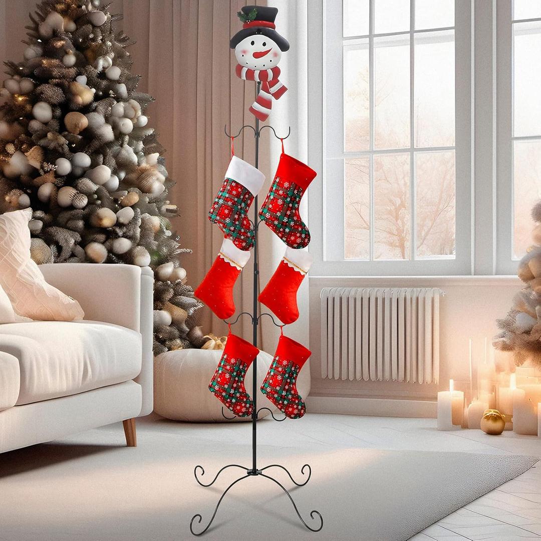 Metal Freestanding Christmas Stocking Holder with Snowman and 8 Non Slip Hooks String Christmas Stocking Holder Stand for Xmas Decorations Indoor Outdoor Fireplace