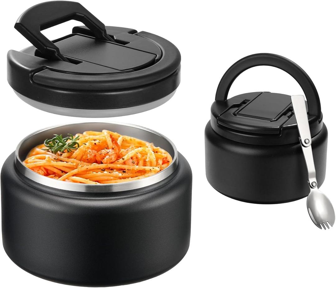 Itslife Kids Thermo for Hot Food 13.5oz Lunch Containers with Buckle Lid Wide Mouth Hot Food Jar Vacuum Insulated Stainless Steel Bento Box Leakproof with Spoon(Black)