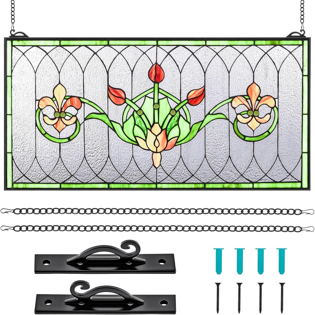 Maxdot 32"x16" Stained Glass Transom Window Panel, Large Horizontal Tulips & Irises Handcrafted Hanging Decor with Chain, Vintage Home Decor & Ideal Gift for Art Enthusiasts