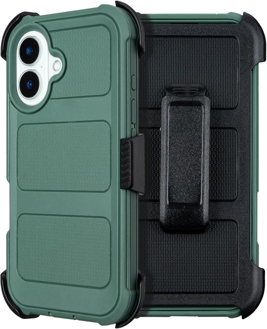 Saiboro for Defender iPhone 16 Case with Belt Clip,Holster for 16 Phone Case with Kickstand,Rugged for Heavy Duty,2 Layers of Sturdy,Cover for iPhone16 Cases Protective Dark Green