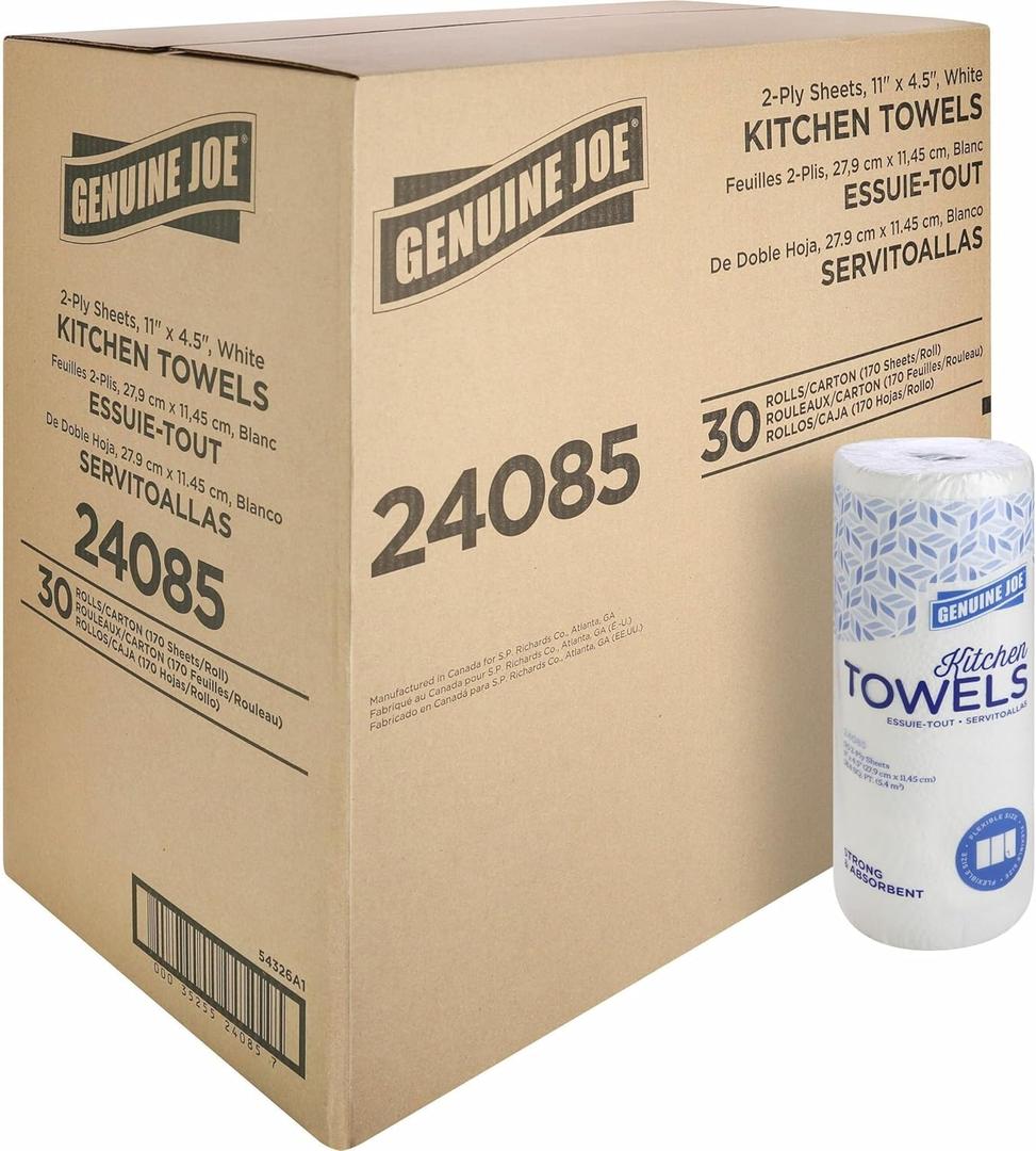 Genuine Joe Kitchen Paper Towels,11" x 4.5", 2-Ply, 170 Sheets/Roll, 30 Count