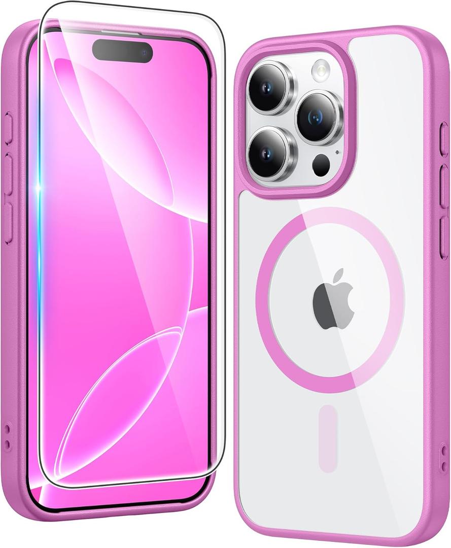 FNTCASE for iPhone 16 Pro Case: Clear Magnetic Phone Cases with Screen Protector Compatible with Magsafe Slim Anti Yellowing Rugged Shockproof Protective Transparent Cell Phone Cover (B-Pink)
