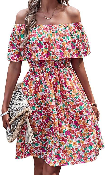 Off Shoulder Boho Floral Swing Mini Dress Summer Strapless Pleated Short Dress, XL, Orange Floral