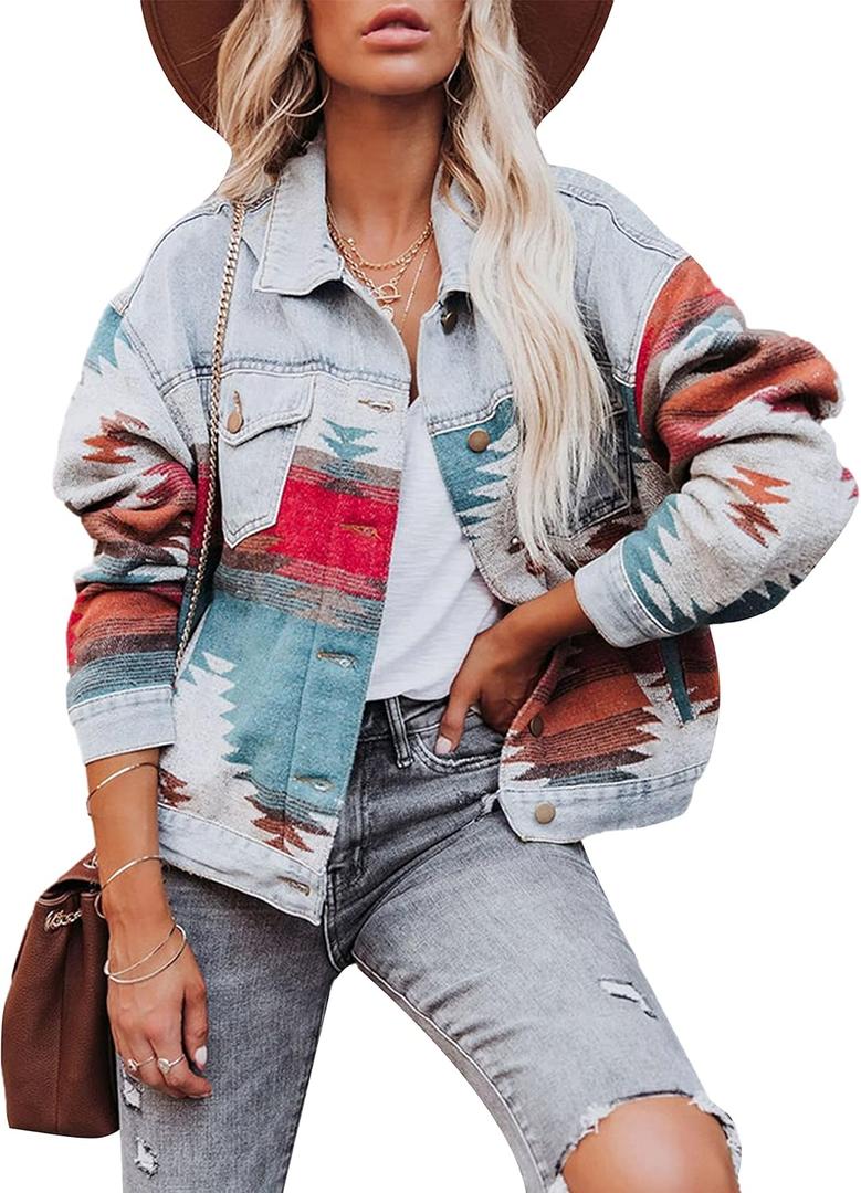 HangNiFang Aztec Denim Jacket Shacket for Women Button Down Vintage Distressed Blue Jean Jacket (Medium)