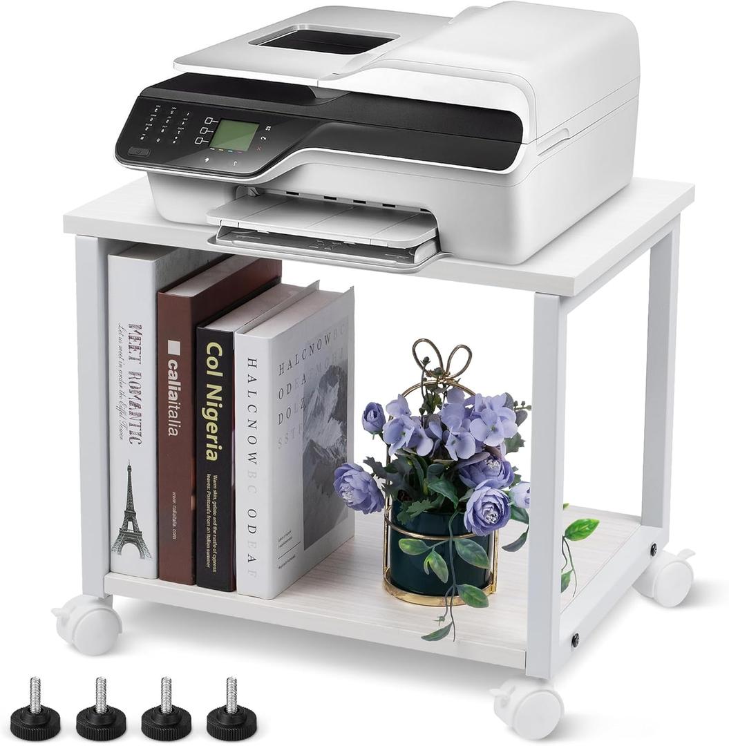 Under Desk Printer Stand - 2-Tier Industrial Mobile Printer Table with Storage Shelf, Heavy Duty Wood Rolling Printer Cart with Wheels for Home and Office,Maple White (16.5*11.8*14.5)