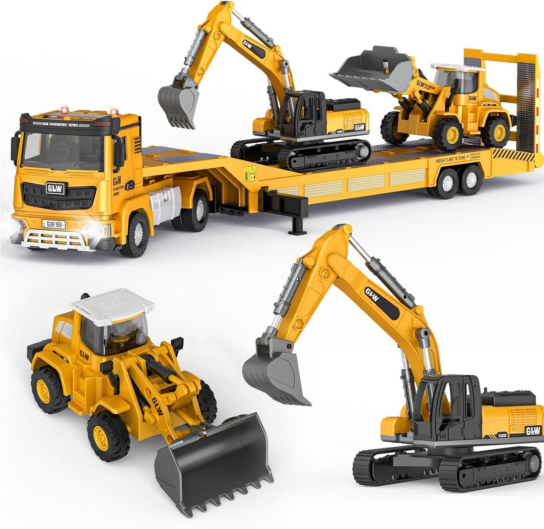 Pupu Pig Kids Toys for 3 4 5 6 7 Years Old Boys, Die-cast Construction Toys Set w/Semi Truck, Excavator, Bulldozer, Alloy Engineering Construction Vehicles Truck Toys w/Lights & Sounds, Model Cars