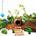 RUNANIA Crested Gecko Tank AccessoriesReptile Vines Plants with Coconut Shell Ladder Hideout Hermit Crab Decor for Leopard Gecko Bearded Dragon Lizard Chameleon Tortoise Snake