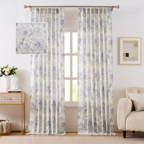 Kayne Studio Floral Print Light Filtering Curtains 90 Inches Long Blue Botanical Flower Semi Sheer Drapes for Living Room/Dining Room Farmhouse Pinch Pleated Back Tab Window Treatment,40"x90",2 Panels