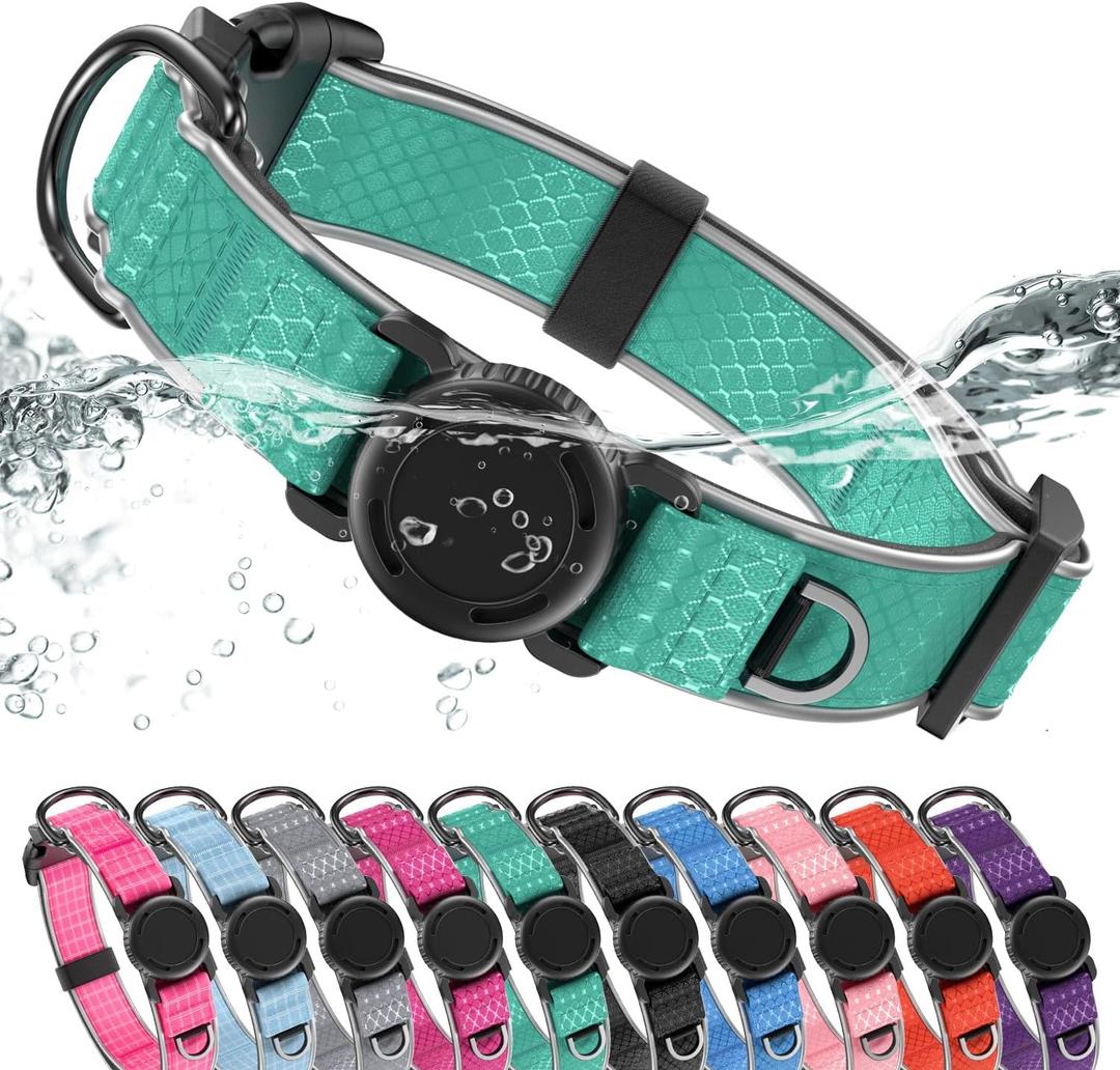 WhoseID Airtag Dog Collar | with Waterproof Air Tag Holder | QR Code Pet ID |Durable Comfortable Oxford Padded | Reflective Collar | for Outdoor Medium Dogs(Green,M,13''~19'')