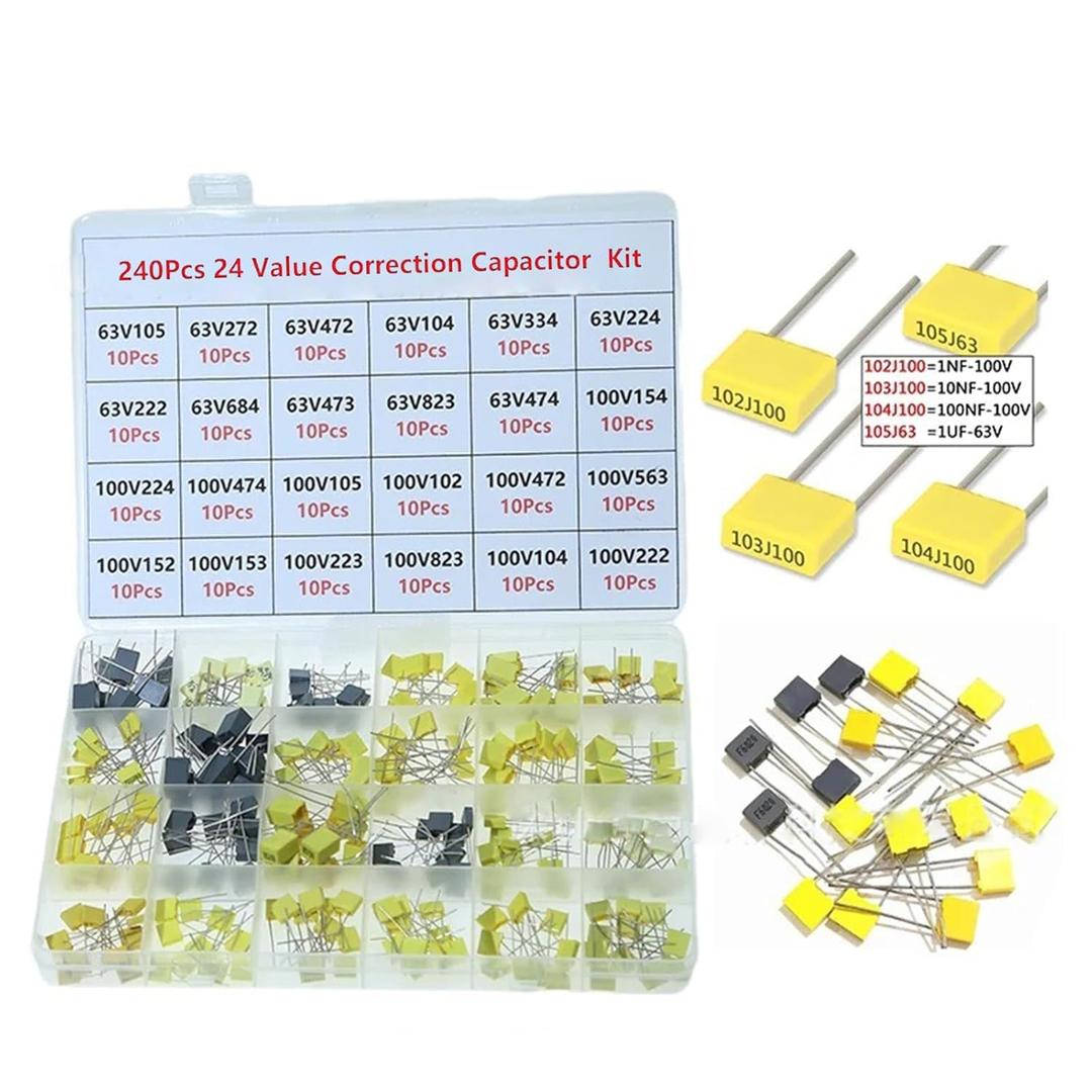 240Pcs Correction Capacitor Kit 24 Values x 10 pcs 63V-100V 102J-105J Polypropylene Safety Plastic Film Capacitors Assorted Series