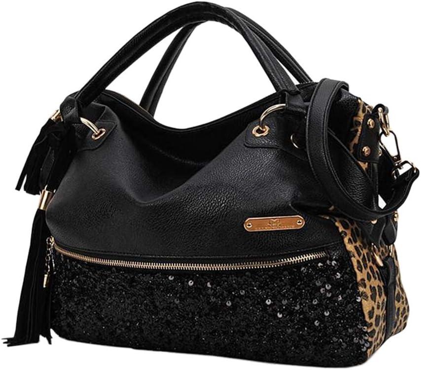 Women's Leopard Print Black Purse Handbag Hobo Style Sequin PU Leather Shoulder Bag