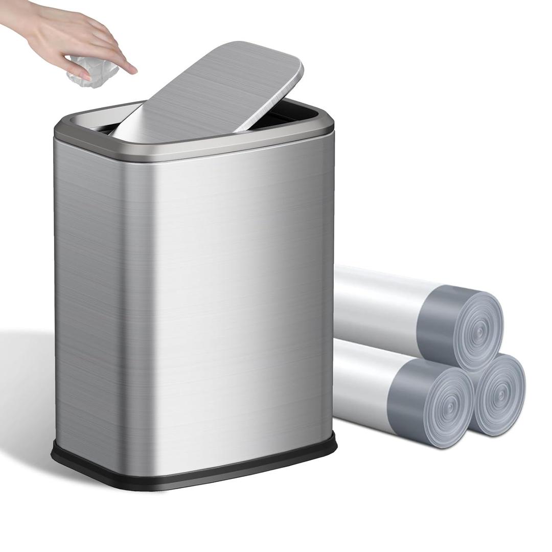 8L/2.1 Gal Small Bathroom Trash Can with Lid, Swing-Top Rectangular Waste Bin, Stainless Steel Garbage Can for Home, Office, Toilet, Bedroom, Living Room (Silver)