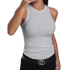 GEMBERA Womens Sleeveless Racerback High Neck Casual Basic Cotton Ribbed Fitted Tank Top Grey, Small