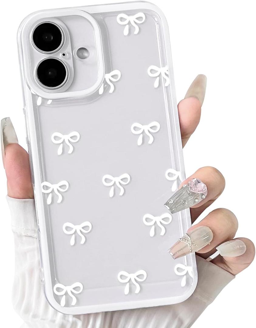 NITITOP Compatible with iPhone 16 Plus Case Clear Cute Durable Bowknot Ribbon Pattern for Girls Women Transparent Soft TPU Full Camera Lens Shockproof Protective Phone Cover - White2