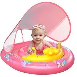 WayEee Baby Pool Float with UPF50+ Canopy - Inflatable Swim Float, Adjustable Safety Seat, Toy Play Console, Sun Protection for Baby 6-36 Months, Infant, Todder Summer Gift, Pool, Bathtub, Beach, Pink