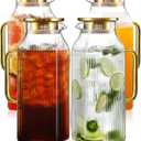4 Pack 2 Liter/68 oz Square Glass Pitcher with Lid, Classic Stripes Water Pitchers with Handle for Fridge, Large Jug for Iced Tea, Coffee, Borosilicate Glass Carafe for Hot/Cold Brew Drink, Gold