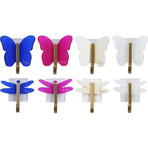 2 x Kitchen Hooks, Tool-Free Adhesive Wall Hook Hanging - Dragonfly Butterfly 4 Color Acrylic (Frosted) Family, Suermarket, Restaurant, Coffee Shop, Office, Two-Tier Wings Gold Hooks8Pack