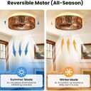 20" Flush Mount Caged Ceiling Fan with Light, Farmhouse Low Profile Ceiling Fan with Remote, Wooden Fandelier 6 Speed Quiet DC Motor, Reversible Chandelier Ceiling Fan for Bedroom Kitchen Living Room