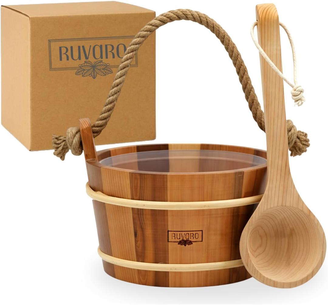 Sauna Bucket and Ladle Set Handcrafted from Canadian Red Cedar Wood 1 Gallon (4Liters) Water Capacity Leakproof Liner Natural Rope Handle - Luxury Sauna Accessories Set
