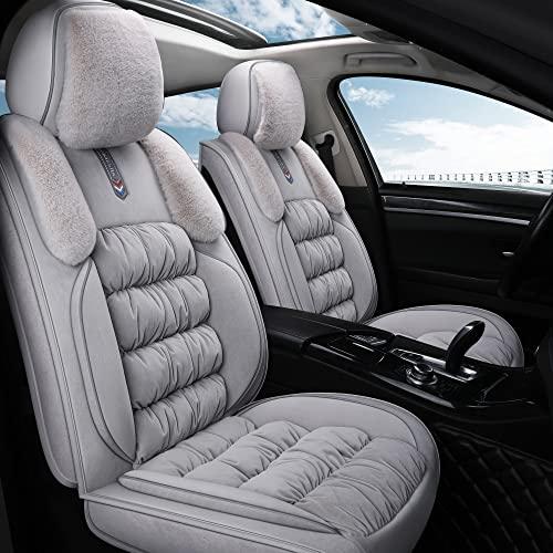 AOOG Fuzzy Car Seat Covers Full Set, Fluffy Automotive Seat Covers for Cars SUV Pick-up Truck, Soft Plush Synthetic Fur Car Seat Cushions, Warm Seat Cover Winter Protector, Grey