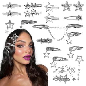 20 Pcs Star Hair Clips Y2K Silver Hair Clips 14 Shapes Y2K Hair Accessories Metal Non-Slip Snap Barrettes for Girls 2000s Punk Kawaii Star Charm Hair Clips for Women (Silver A)