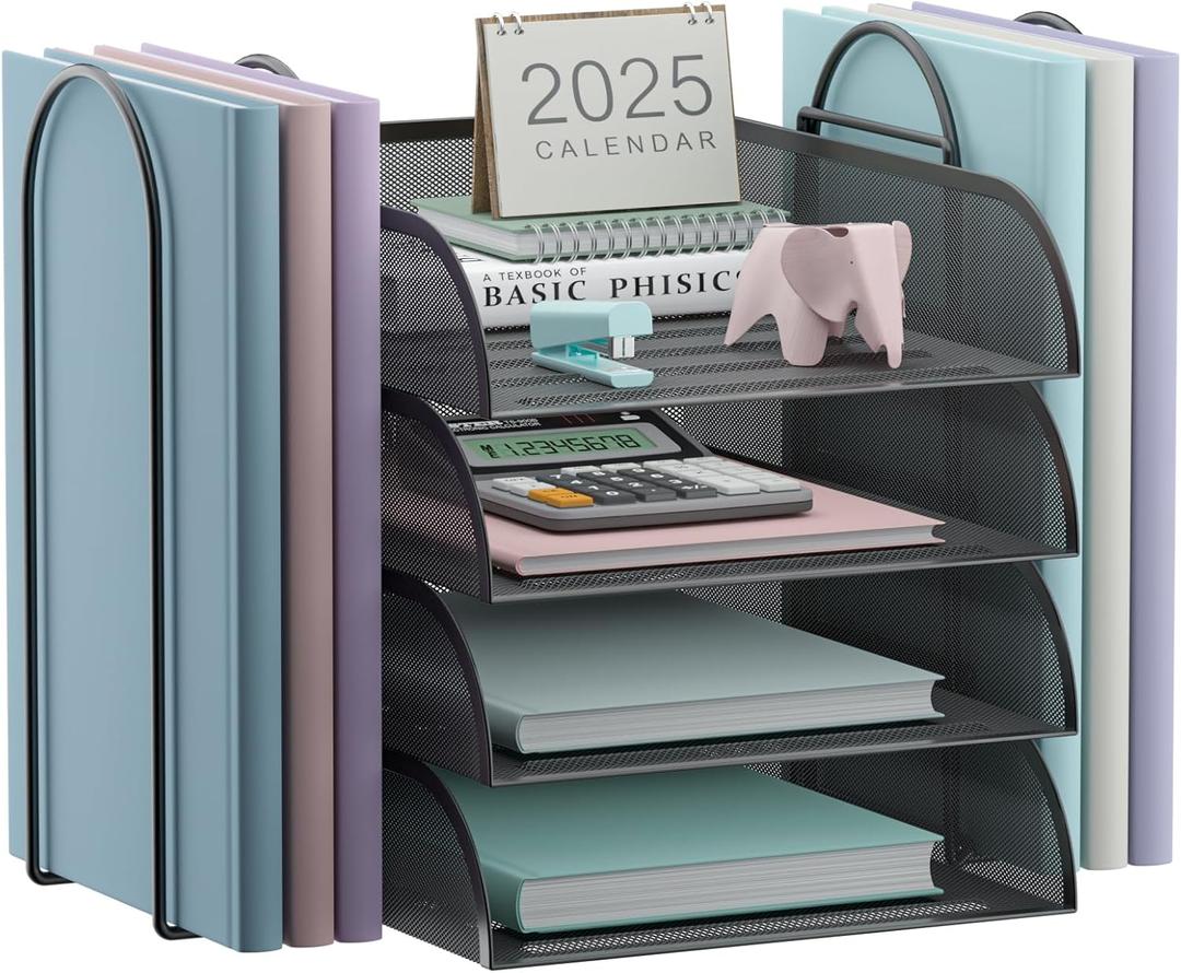4 Tier Stackable Paper Tray Organizer for Desk, Office Desk Accessories, Paper Sorter Organizer for Letter/A4 Office File Folder Holder (Black, 19.2" x 9.7" x 10.2") (Portrait)