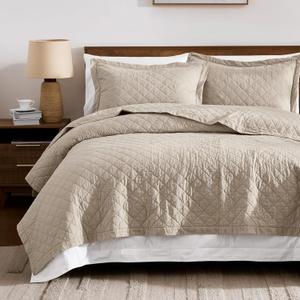 WDCOZY 100% Cotton Quilt Oversized King Size Bedspread, Pre-Washed 3-Piece Lightweight Soft Coverlet Set with 2 Pillow Shams, Farmhouse Design All Season Bedding Set, Beige (California King (118"x106"), Linen)