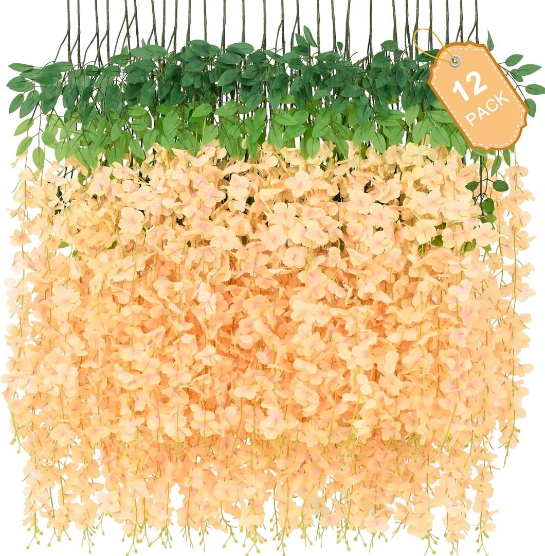 12 Pack Wisteria Hanging Flowers, 3.6 Feet Champagne Wisteria Artificial Flowers, Artificial Fake Flower Garland, Hanging Vines for Bedroom Wedding Home Party Wall Decor (Champagne, 12pcs)