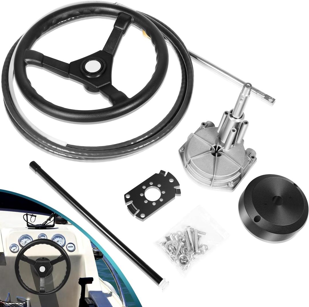 Boats Steering System, 15 Feet Cable Outboard Steering Kit with 3/4'' Standard Tapered Shaft & 13.5" Steering Wheel for Yachts, Fishing Boats and Other Watercraft
