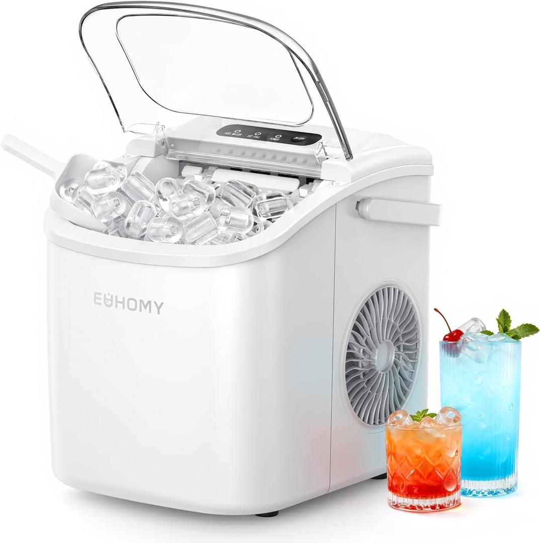EUHOMY Countertop Ice Maker Machine with Handle, 26lbs Per Day, 9 Ice Cubes Ready in 6 Mins, Auto-Cleaning Portable Ice Maker with Basket and Scoop, for Home/Kitchen/Camping/RV (White)