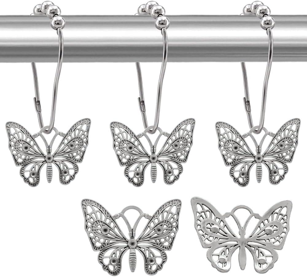 Decorative Shower Curtain Hooks,12PCS Butterfly Curtain Hooks Shower Ring,Rustproof Shower Curtain Hanger Clips, Shower Hook Ring for Shower Curtain Rod,Bathroom Decoration Accessories,Silver