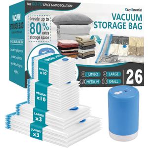 Vacuum Storage Bags with Electric Pump, 26 Pack (3 Jumbo/3 Large/10 Medium/10 Small) Vacuum Seal Space Saver Bags for Clothing, Pillows, Blanket, Bedding, Comforters (26 Combo-E)