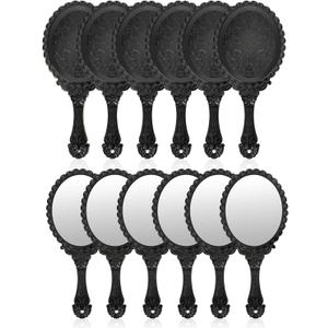 YUSONG 12 Pcs Premium Hand Mirror with Handle - Vintage Princess Mirror for Women Black Embossed Flower Small Mirrors Tabletop Party Classroom