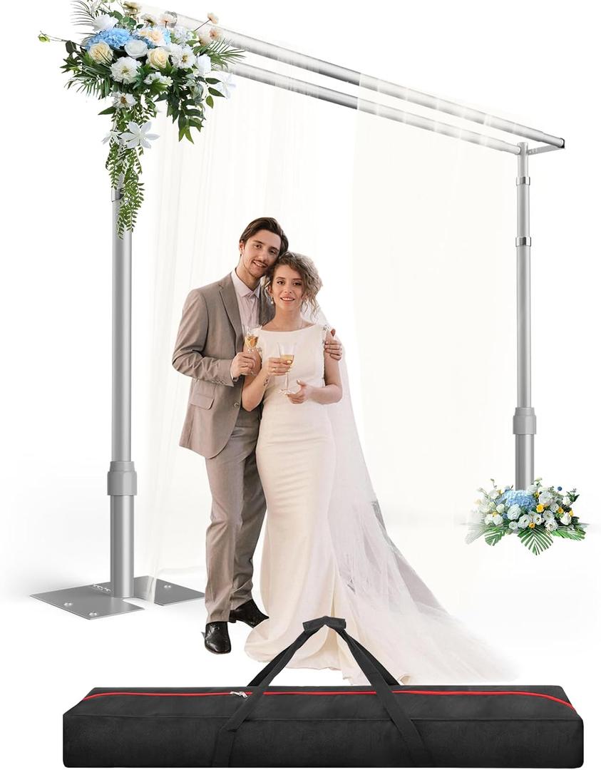 Heavy Duty Backdrop Stand 8.6x10ft, Double Crossbar Pipe and Drape Backdrop Stand Kit, Adjustable Metal Frame, Background Stand for Wedding Photography Birthday Party Decorations (Sliver)