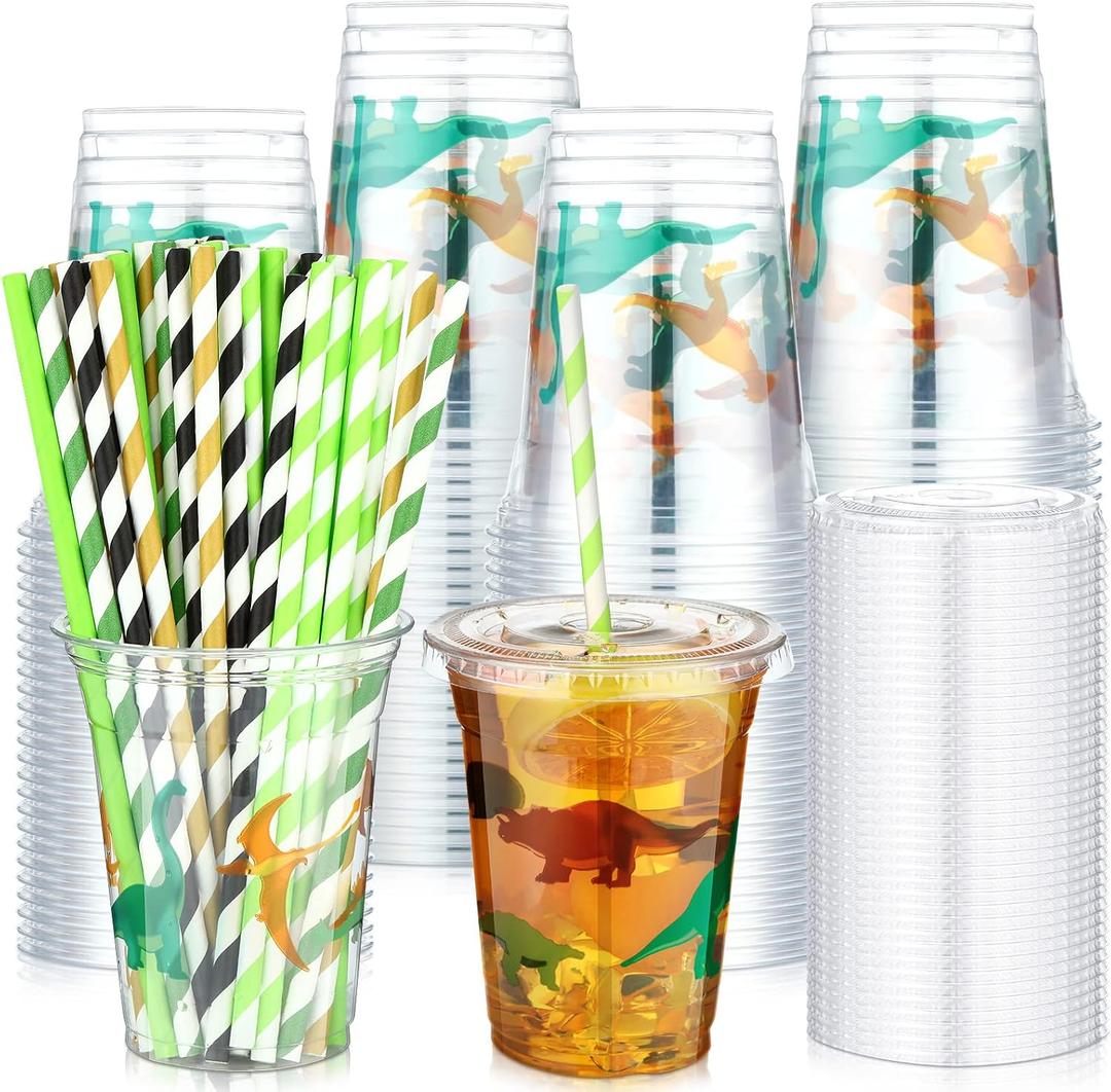 Norme 50 Pcs Dino Disposable Cups with Lids and Straws Set for Party, 12 oz Plastic Dinosaur Cups for Kids Drinking Coffee Milkshake Beverage Birthday Party Summer Activities Supplies(Green)