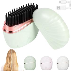 Mini Hair Straightener, Cordless&Rechargeable Portable Hair Straightener Brush with 3-Speed Temperature Control, Fast Heating Hot Comb&Anti-Scald Shell, Mini Straightener Brush for Home Travel Gift (Green)