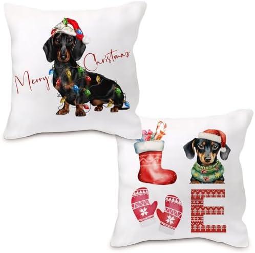 Nvotell Dachshund Christmas Pillow Covers 18x18, Dachshund Gifts for Women, Merry Christmas Decor, Living Room Bedroom Decor, Set of 2