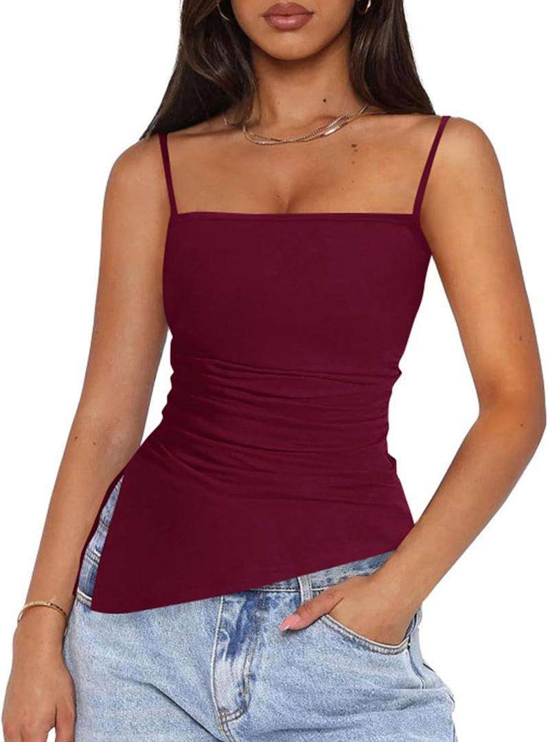 PRETTYGARDEN Women's Summer Spaghetti Strap Tank Tops Sleeveless Camisole Blouses Asymmetrical Going Out Basic Tank Shirt 5pack (X-Large, Wine Red)
