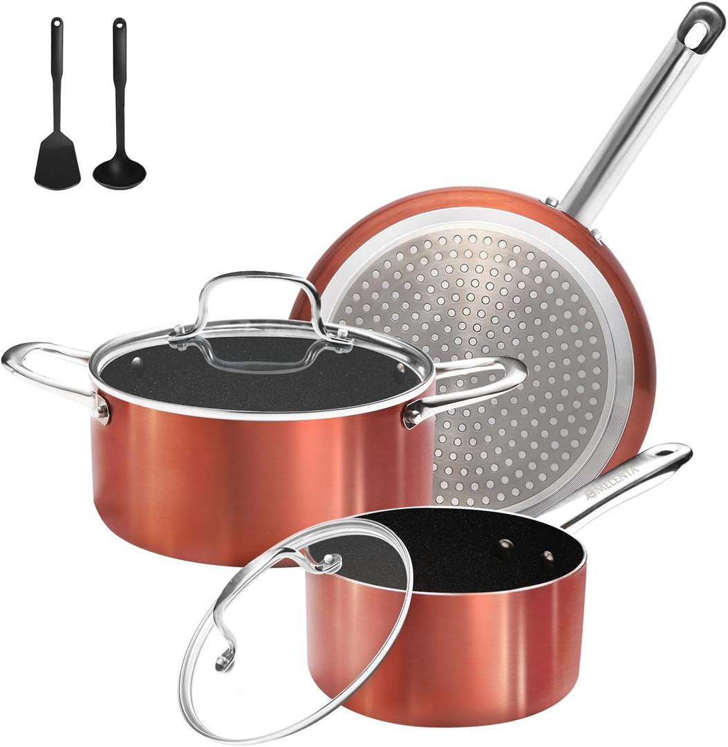 Pots and Pans Set Non Stick, 7 Piece Ceramic Cookware Set, Non Toxic Kitchen Induction Cookware Sets, Pots and Pans Cooking Set with Oven Safe Handle, 100% PFOA Free, Copper (8" Skillet + 1.5QT Saucepan + 3QT Stockpot)